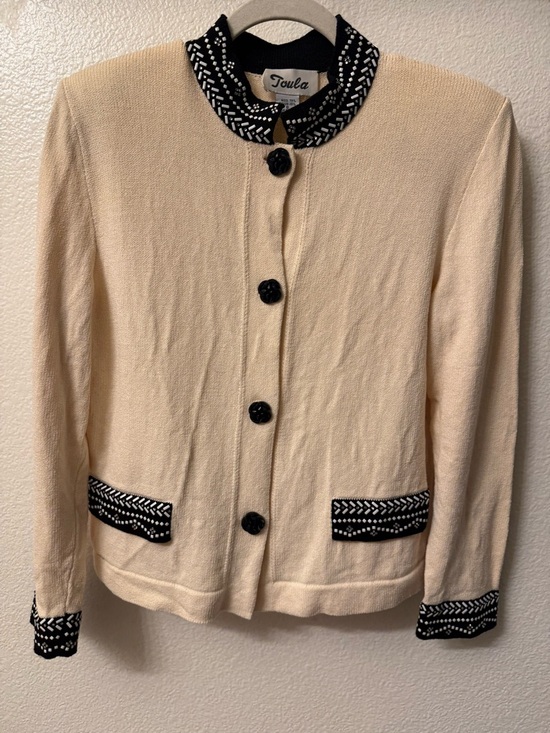 Vintage Jackets & Blazers - Vintage Wool Toula Cream Knit Cardigan with Black Trim
